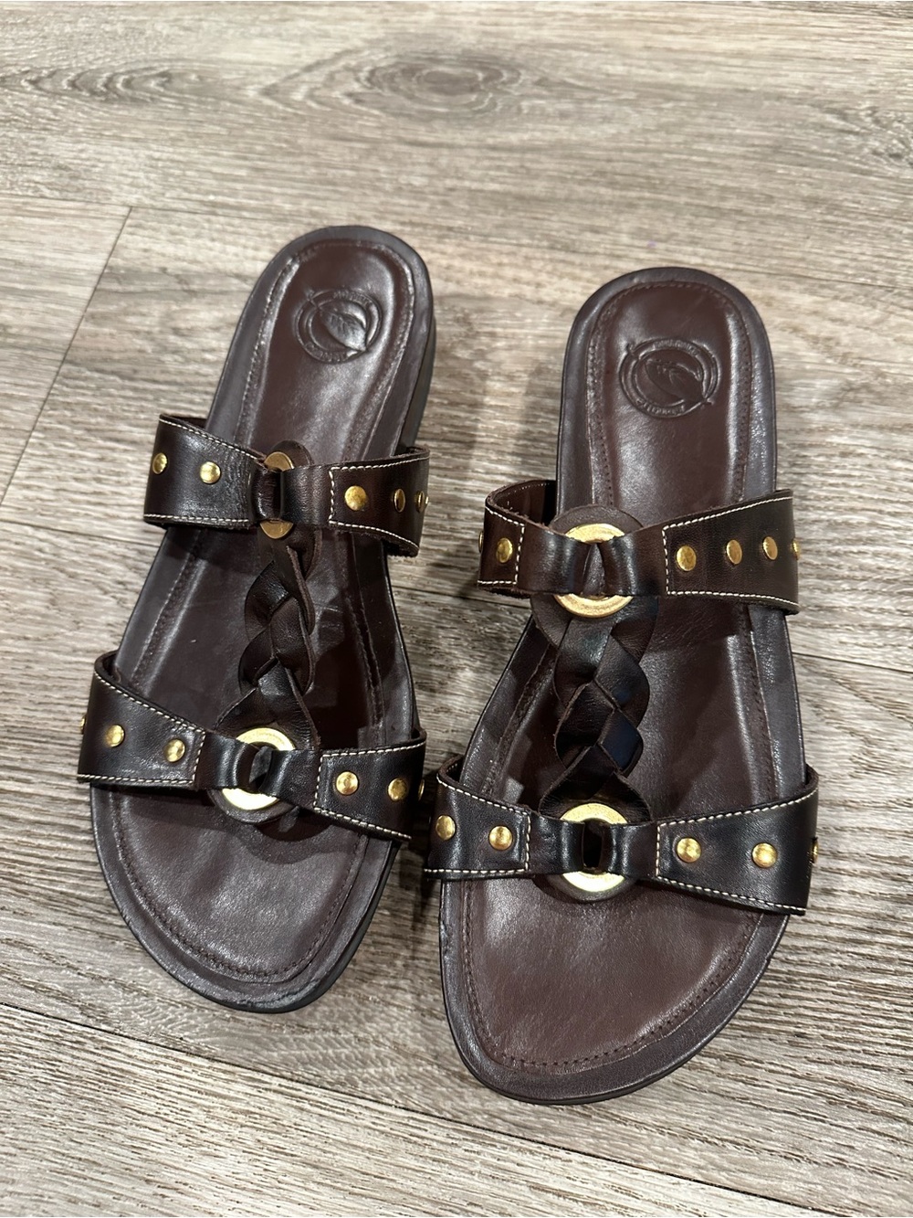 Nurture by Lamaze Brown Leather Braided Slide Sandals with Gold Accents